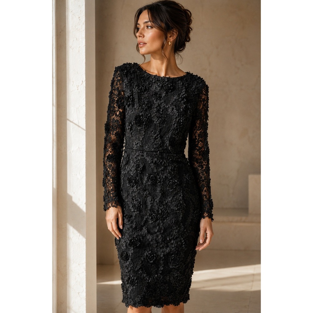 Xscape Black 3D Floral Applique Lace Sheath Cocktail Dress Long Sleeve 8